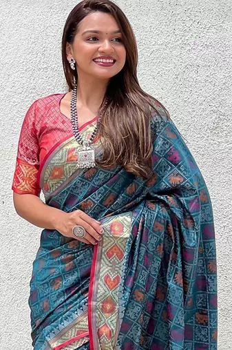 teal patola silk zari weaving saree with lagdi pallu