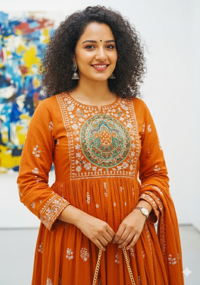 Orange heart-neck ethnic ckl embroidered indian salwar kameez kurti pant dupatta set for women 3