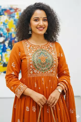Orange heart-neck ethnic ckl embroidered indian salwar kameez kurti pant dupatta set for women