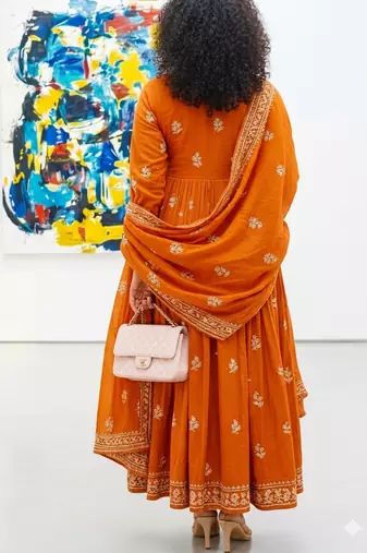 Orange heart-neck ethnic ckl embroidered indian salwar kameez kurti pant dupatta set for women