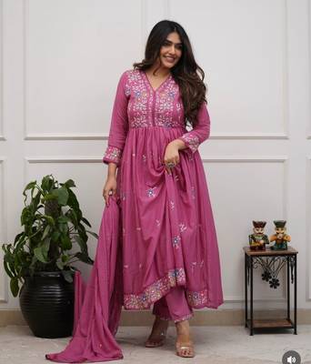 Pink beautiful embroidered kurti pant dupatta set for women 1