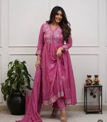 Pink beautiful embroidered kurti pant dupatta set for women
