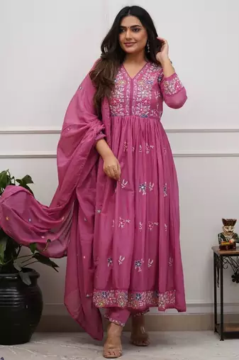 Pink beautiful embroidered kurti pant dupatta set for women