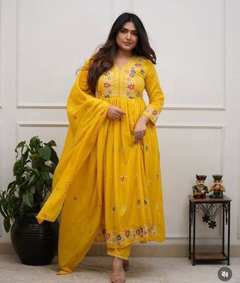 Yellow beautiful embroidered kurti pant dupatta set for women 1