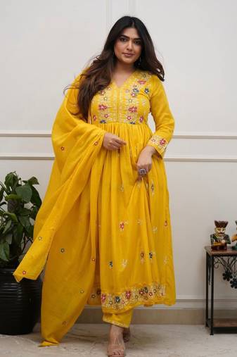 Yellow beautiful embroidered kurti pant dupatta set for women