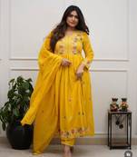 Yellow beautiful embroidered kurti pant dupatta set for women