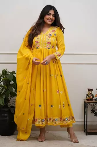 Yellow beautiful embroidered kurti pant dupatta set for women