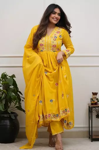Yellow beautiful embroidered kurti pant dupatta set for women
