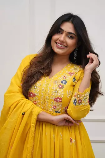 Yellow beautiful embroidered kurti pant dupatta set for women