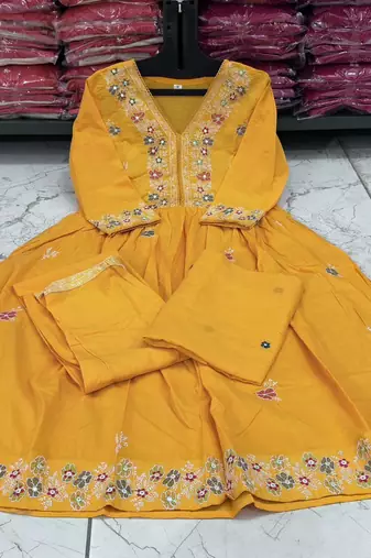Yellow beautiful embroidered kurti pant dupatta set for women