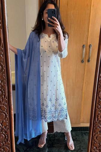 Beautiful white cotton kurta set with blue floral embroidery