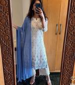 Beautiful white cotton kurta set with blue floral embroidery