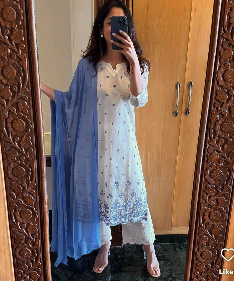 Beautiful white cotton kurta set with blue floral embroidery