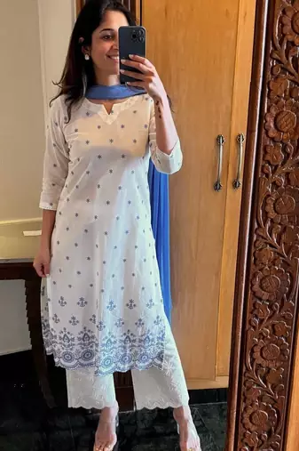 Beautiful white cotton kurta set with blue floral embroidery
