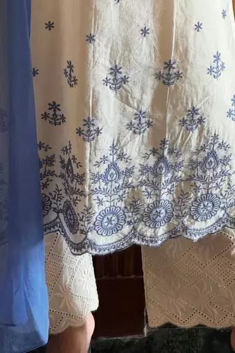 Beautiful white cotton kurta set with blue floral embroidery
