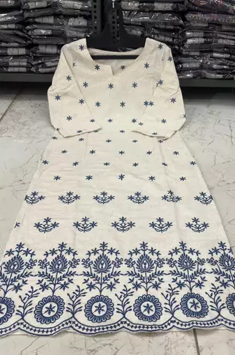 Beautiful white cotton kurta set with blue floral embroidery