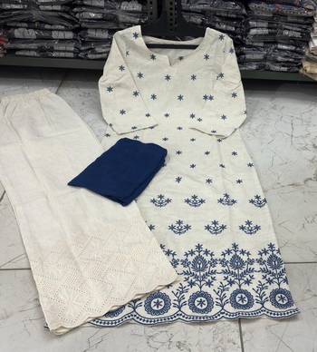 Beautiful white cotton kurta set with blue floral embroidery 5