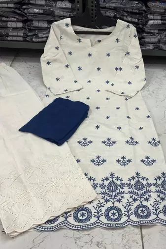 Beautiful white cotton kurta set with blue floral embroidery