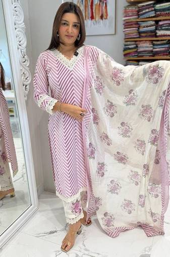 Beautiful lavender cotton kurta set with blue floral strippedroidery