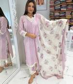 Beautiful lavender cotton kurta set with blue floral strippedroidery