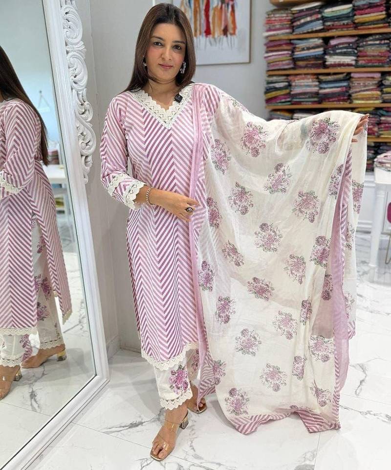 Beautiful lavender cotton kurta set with blue floral strippedroidery