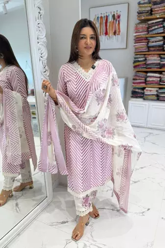 Beautiful lavender cotton kurta set with blue floral strippedroidery
