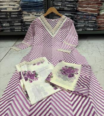 Beautiful lavender cotton kurta set with blue floral strippedroidery 5
