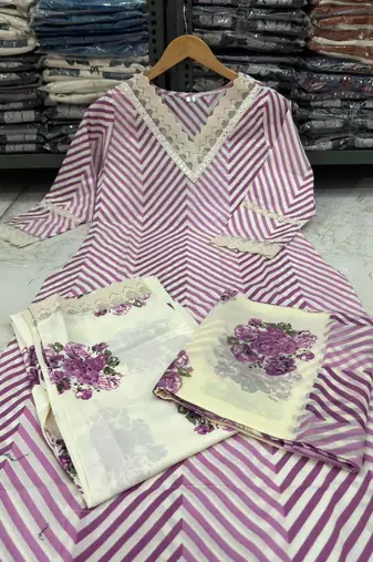 Beautiful lavender cotton kurta set with blue floral strippedroidery