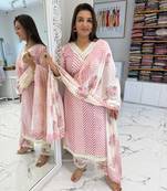 Beautiful red cotton kurta set with blue floral strippedroidery