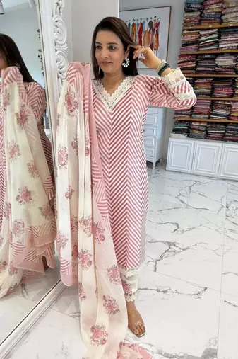 Beautiful red cotton kurta set with blue floral strippedroidery