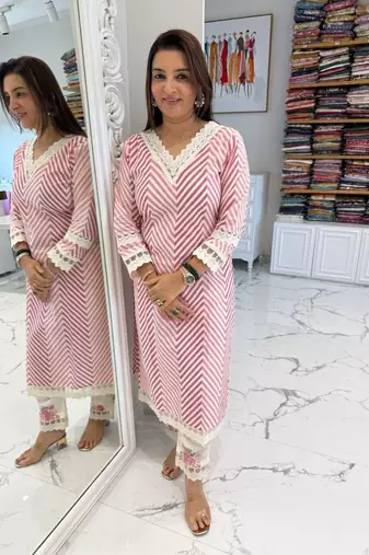 Beautiful red cotton kurta set with blue floral strippedroidery