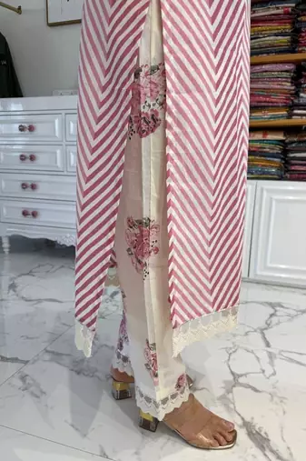 Beautiful red cotton kurta set with blue floral strippedroidery