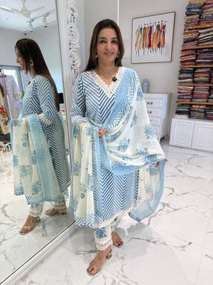 Beautiful sky blue cotton kurta set with blue floral strippedroidery 1