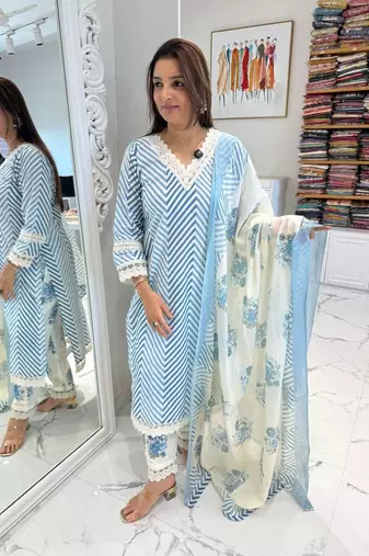 Beautiful sky blue cotton kurta set with blue floral strippedroidery