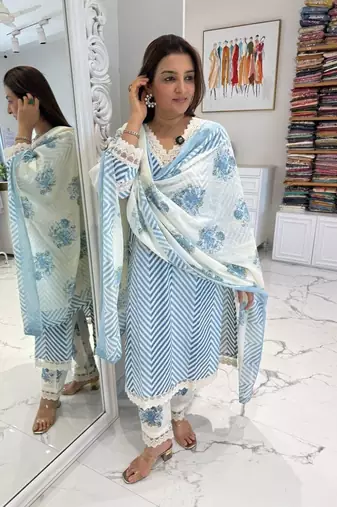 Beautiful sky blue cotton kurta set with blue floral strippedroidery