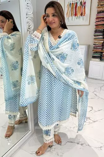 Beautiful sky blue cotton kurta set with blue floral strippedroidery