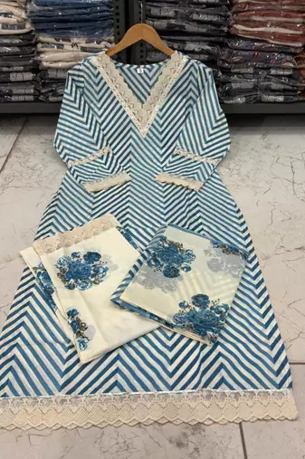 Beautiful sky blue cotton kurta set with blue floral strippedroidery