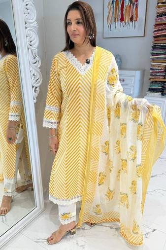 Beautiful yellow cotton kurta set with blue floral strippedroidery