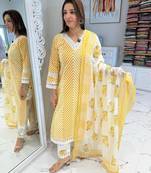 Beautiful yellow cotton kurta set with blue floral strippedroidery