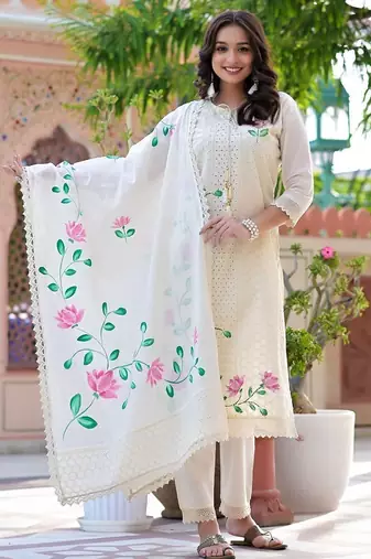 Beautiful white cotton hand-painted chicken shifli straight kurti set