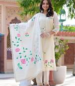 Beautiful white cotton hand-painted chicken shifli straight kurti set