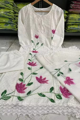 Beautiful white cotton hand-painted chicken shifli straight kurti set