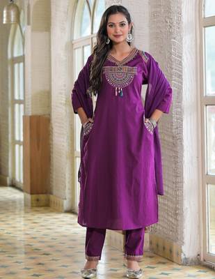 Ethnic purple cotton jaipuri embroidery kurta set 1