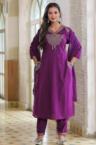 Ethnic purple cotton jaipuri embroidery kurta set