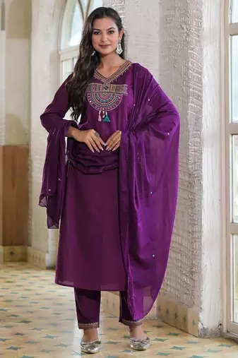 Ethnic purple cotton jaipuri embroidery kurta set