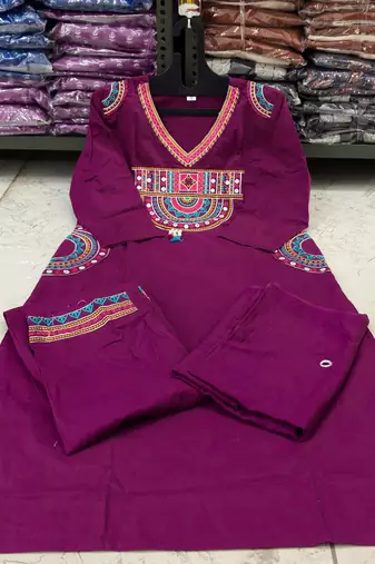 Ethnic purple cotton jaipuri embroidery kurta set