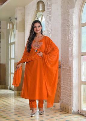 Ethnic orange cotton jaipuri embroidery kurta set 1