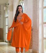 Ethnic orange cotton jaipuri embroidery kurta set