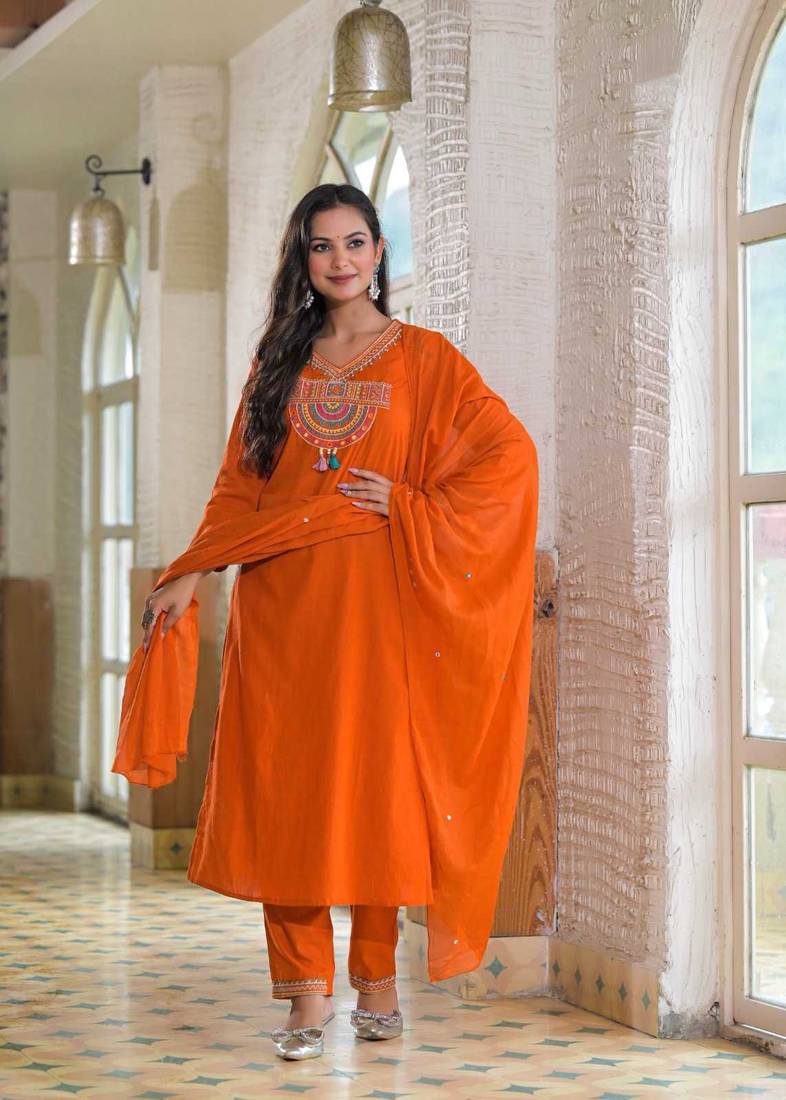 Ethnic orange cotton jaipuri embroidery kurta set
