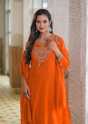 Ethnic orange cotton jaipuri embroidery kurta set 2